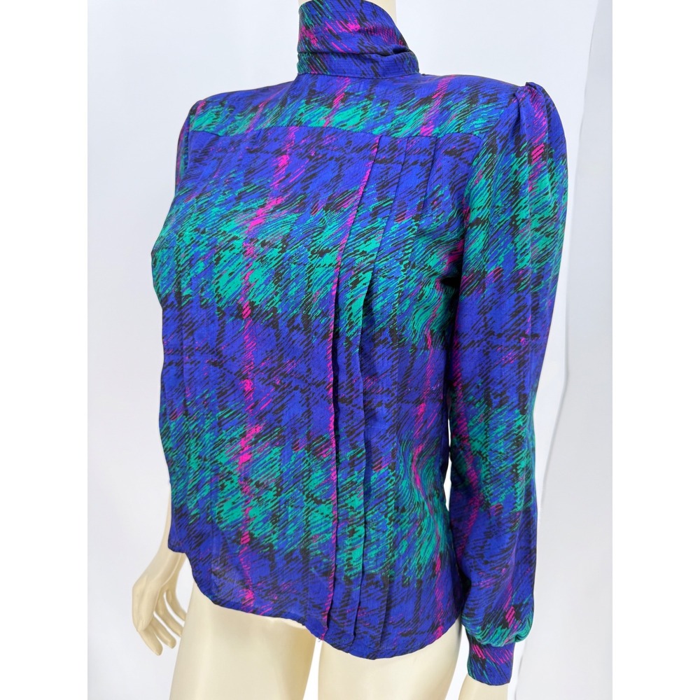Vintage 80s Sophisticates Jonathan Martin Jewel Tone Abstract Plaid Bow Blouse